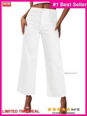High Waisted Wide Leg Cropped Ripped Stretchy Denim Jeans Pockets
